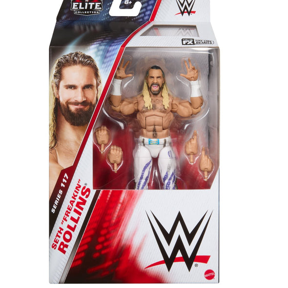 WWE Elite Collection 117 Seth Rollins action figure packaging on a white background